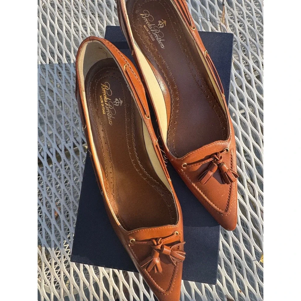 Brooks Brothers Leather Heels Shoes Womens 6,5 cognac color ITALY RET $ 288